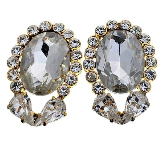 Large Rhinestone Clip On Earrings Toni Laura Gold Tone Italian Designer 1980s - Picture 1 of 7